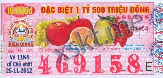 Mẫu vé sô xổ số Kiên Giang ngày 25/11/2012