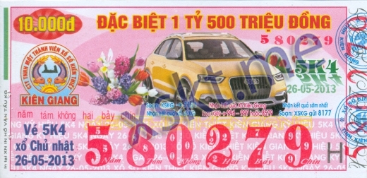 Mẫu vé sô xổ số Kiên Giang ngày 26/5/2013