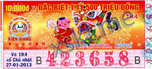 Mẫu vé sô xổ số Kiên Giang ngày 27/1/2013