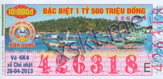 Mẫu vé sô xổ số Kiên Giang ngày 28/4/2013