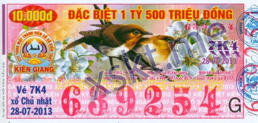 Mẫu vé sô xổ số Kiên Giang ngày 28/7/2013