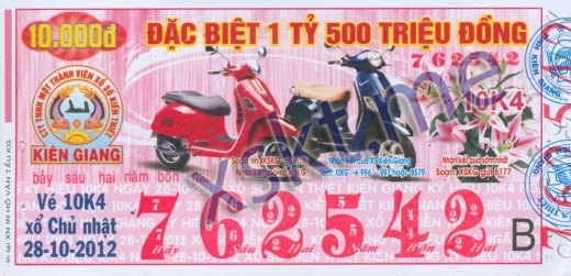 Mẫu vé sô xổ số Kiên Giang ngày 28/10/2012