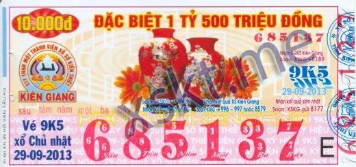 Mẫu vé sô xổ số Kiên Giang ngày 29/9/2013
