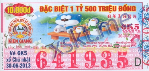 Mẫu vé sô xổ số Kiên Giang ngày 30/6/2013