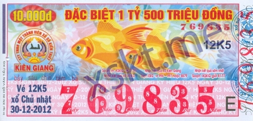 Mẫu vé sô xổ số Kiên Giang ngày 30/12/2012