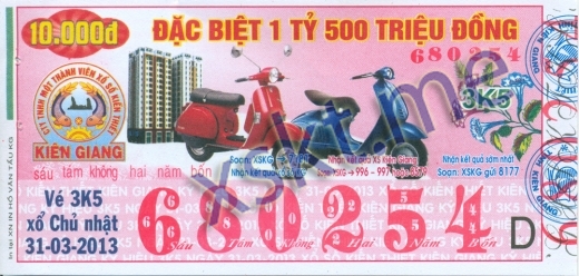 Mẫu vé sô xổ số Kiên Giang ngày 31/3/2013