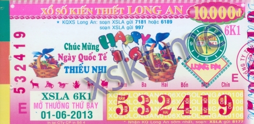 Mẫu vé sô xổ số Long An ngày 1/6/2013