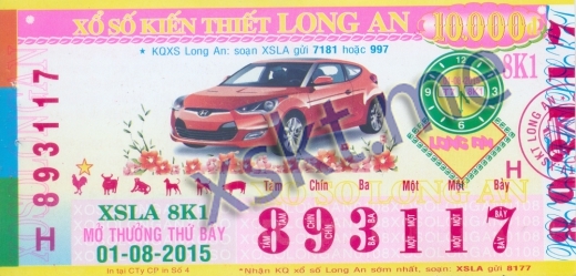 Mẫu vé sô xổ số Long An ngày 1/8/2015