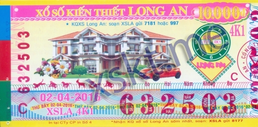 Mẫu vé sô xổ số Long An ngày 2/4/2016