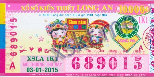 Mẫu vé sô xổ số Long An ngày 3/1/2015