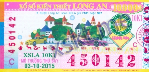 Mẫu vé sô xổ số Long An ngày 3/10/2015