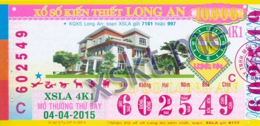Mẫu vé sô xổ số Long An ngày 4/4/2015