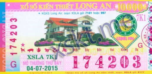 Mẫu vé sô xổ số Long An ngày 4/7/2015
