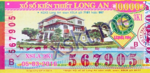 Mẫu vé sô xổ số Long An ngày 5/3/2016