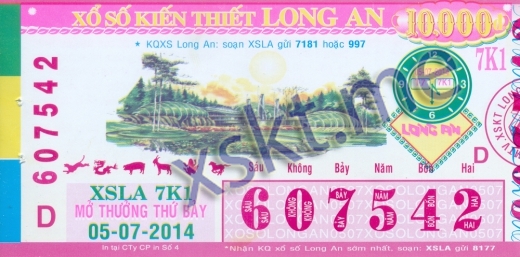 Mẫu vé sô xổ số Long An ngày 5/7/2014