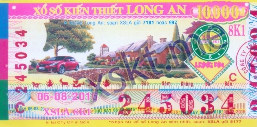 Mẫu vé sô xổ số Long An ngày 6/8/2016