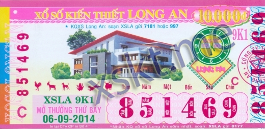 Mẫu vé sô xổ số Long An ngày 6/9/2014
