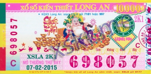 Mẫu vé sô xổ số Long An ngày 7/2/2015