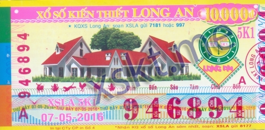 Mẫu vé sô xổ số Long An ngày 7/5/2016