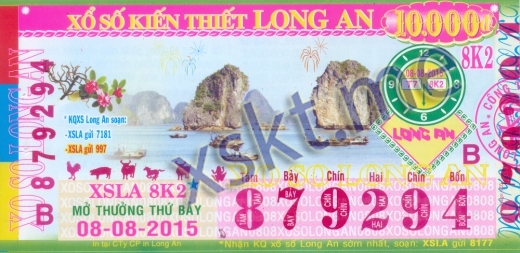 Mẫu vé sô xổ số Long An ngày 8/8/2015