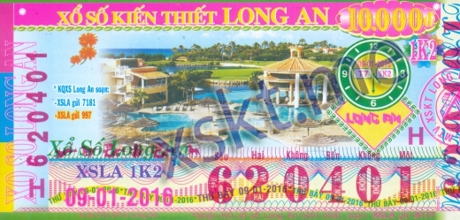 Mẫu vé sô xổ số Long An ngày 9/1/2016