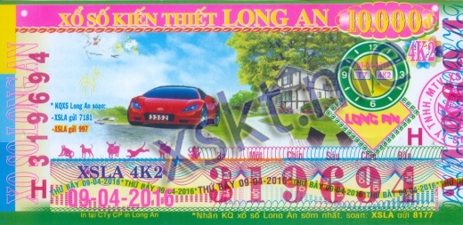 Mẫu vé sô xổ số Long An ngày 9/4/2016
