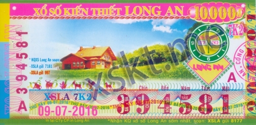 Mẫu vé sô xổ số Long An ngày 9/7/2016