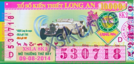 Mẫu vé sô xổ số Long An ngày 9/8/2014