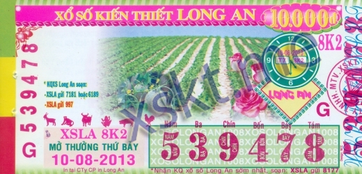 Mẫu vé sô xổ số Long An ngày 10/8/2013