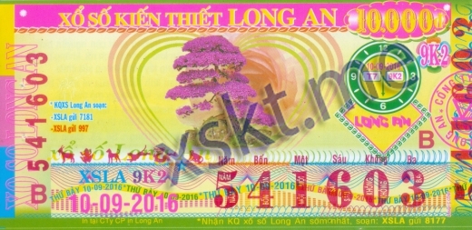 Mẫu vé sô xổ số Long An ngày 10/9/2016