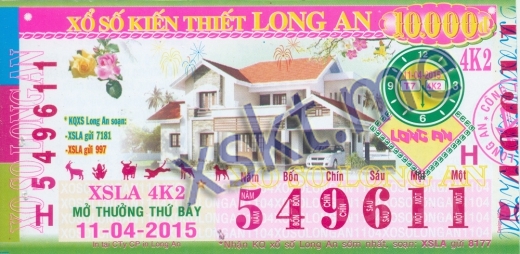 Mẫu vé sô xổ số Long An ngày 11/4/2015