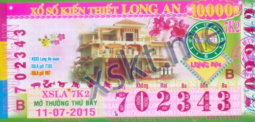 Mẫu vé sô xổ số Long An ngày 11/7/2015