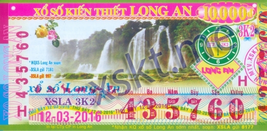 Mẫu vé sô xổ số Long An ngày 12/3/2016