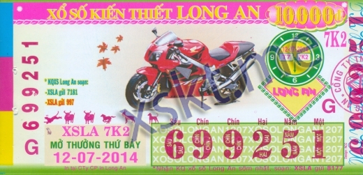 Mẫu vé sô xổ số Long An ngày 12/7/2014