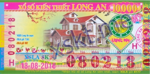 Mẫu vé sô xổ số Long An ngày 13/8/2016