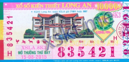 Mẫu vé sô xổ số Long An ngày 15/8/2015