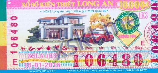 Mẫu vé sô xổ số Long An ngày 16/1/2016