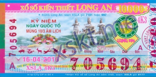 Mẫu vé sô xổ số Long An ngày 16/4/2016