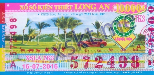 Mẫu vé sô xổ số Long An ngày 16/7/2016