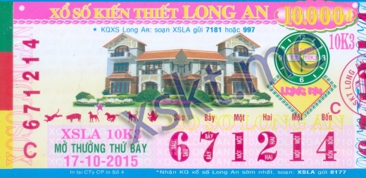 Mẫu vé sô xổ số Long An ngày 17/10/2015