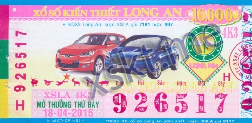 Mẫu vé sô xổ số Long An ngày 18/4/2015