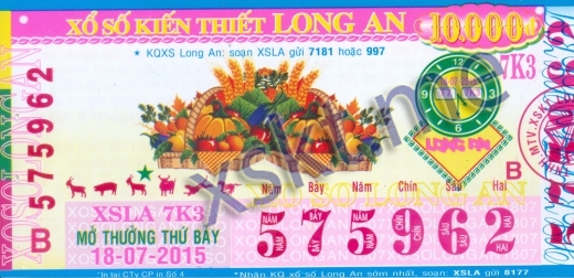 Mẫu vé sô xổ số Long An ngày 18/7/2015