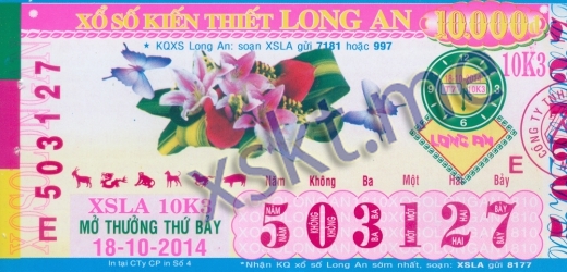 Mẫu vé sô xổ số Long An ngày 18/10/2014