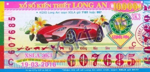 Mẫu vé sô xổ số Long An ngày 19/3/2016