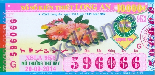 Mẫu vé sô xổ số Long An ngày 20/9/2014