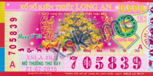 Mẫu vé sô xổ số Long An ngày 21/2/2015