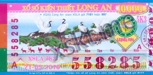 Mẫu vé sô xổ số Long An ngày 21/5/2016