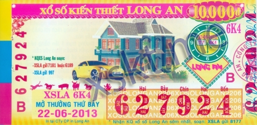 Mẫu vé sô xổ số Long An ngày 22/6/2013