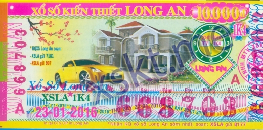 Mẫu vé sô xổ số Long An ngày 23/1/2016
