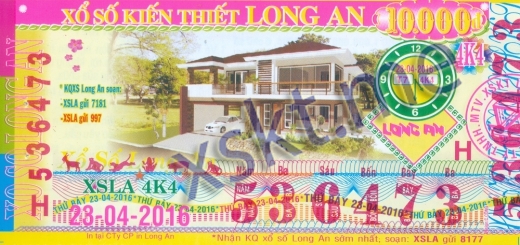 Mẫu vé sô xổ số Long An ngày 23/4/2016